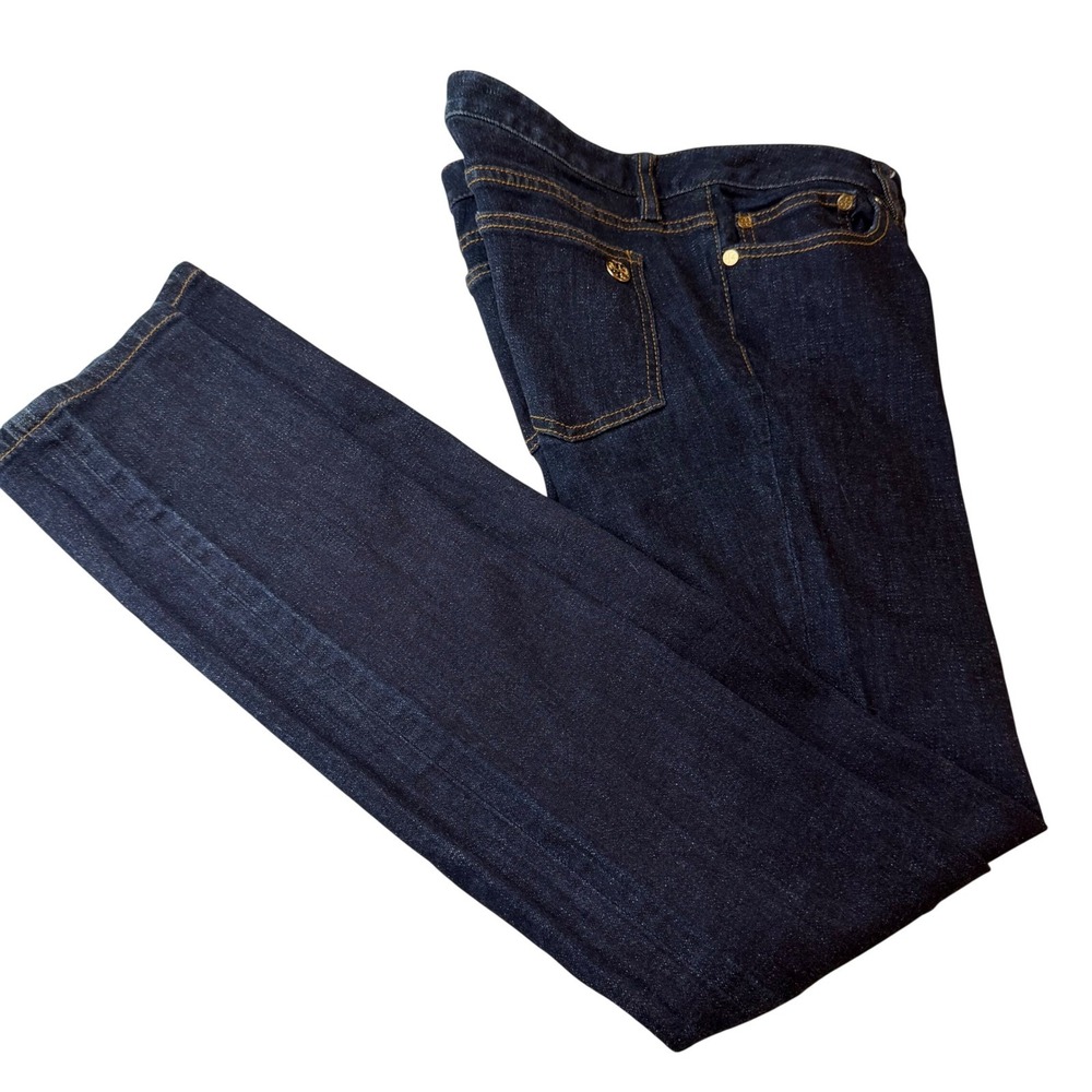 Tory Burch Super Skinny Jeans Dark Indigo Gold Logo Quiet Luxury Preppy Size 29